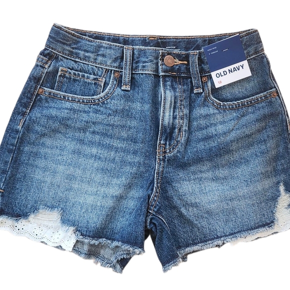BNWOT Old Navy Girls' Denim Shorts – S 12 High Rise, Adjustable Waist Lace Trim. - Picture 1 of 8